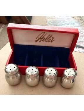 Vintage Halle’s Cleveland Pewter Salt & Pepper Shakers Set of 4 Original Box